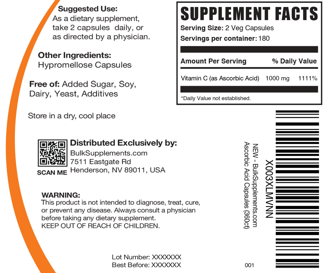 Supplement Facts Ascorbic Acid 360 Capsules
