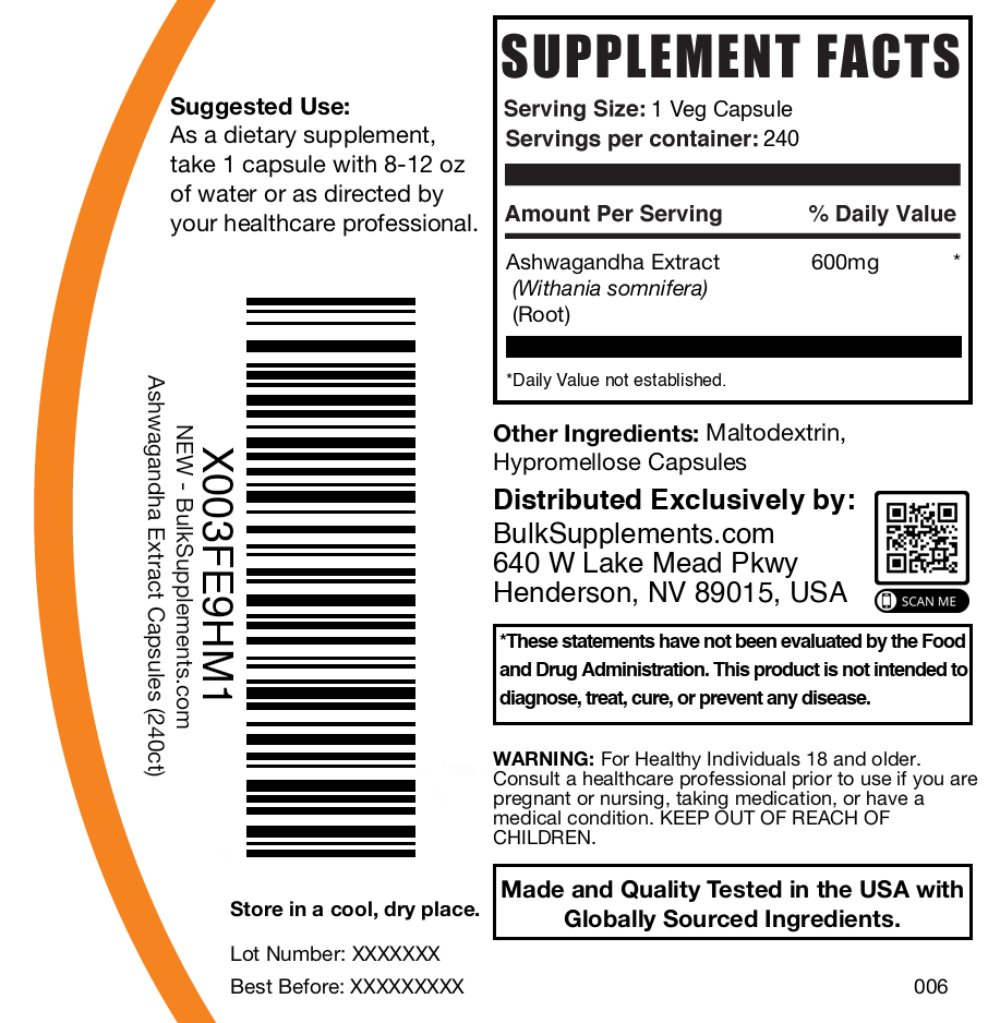 Ashwagandha extract 240 capsules label
