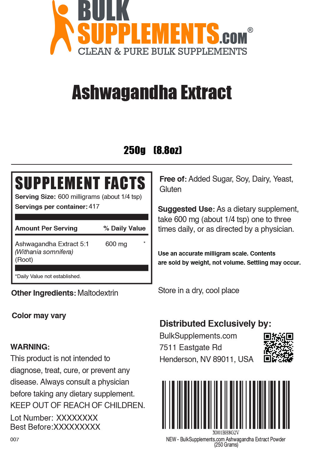 Ashwagandha Extract powder label 250g