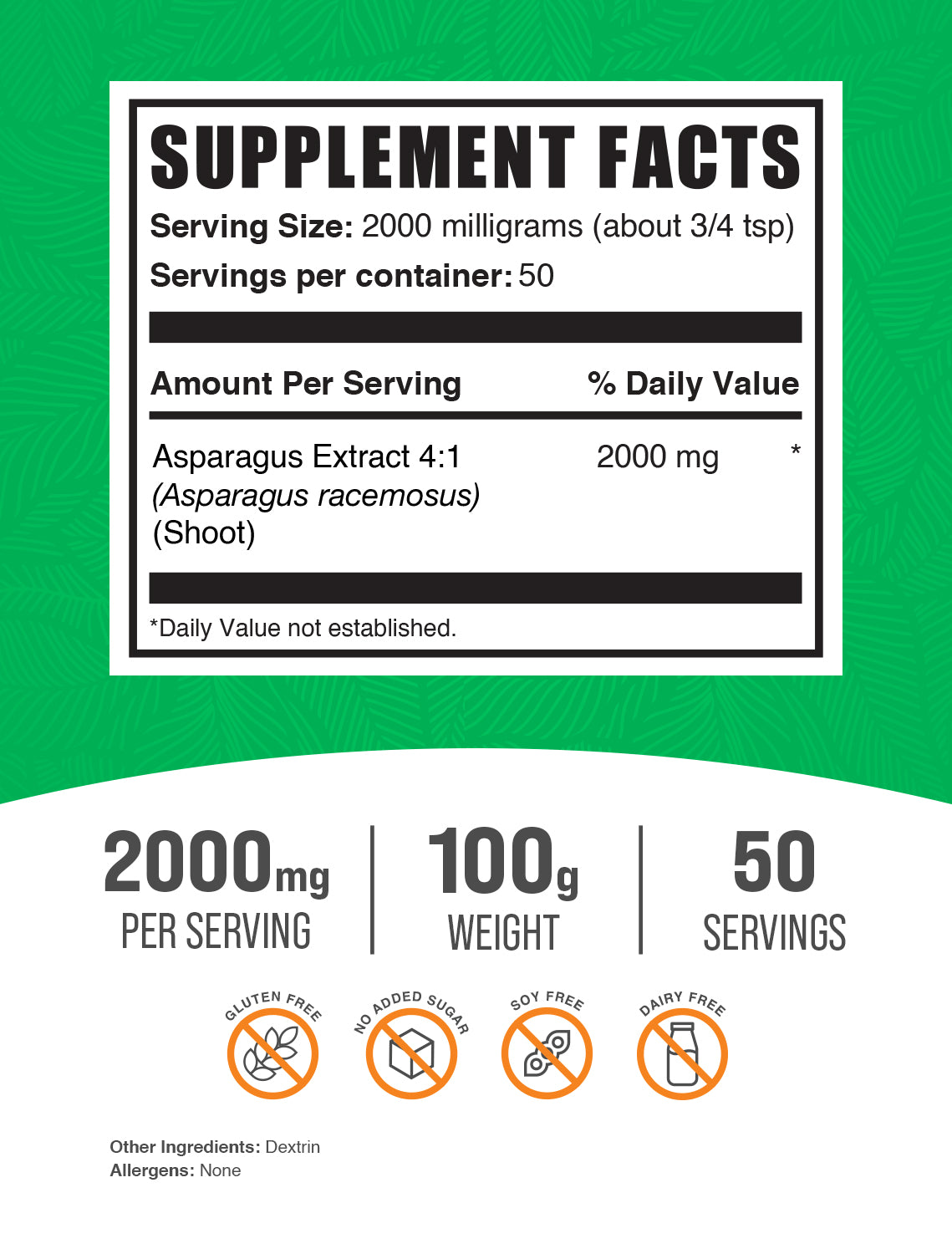 Asparagus Extract 100g label