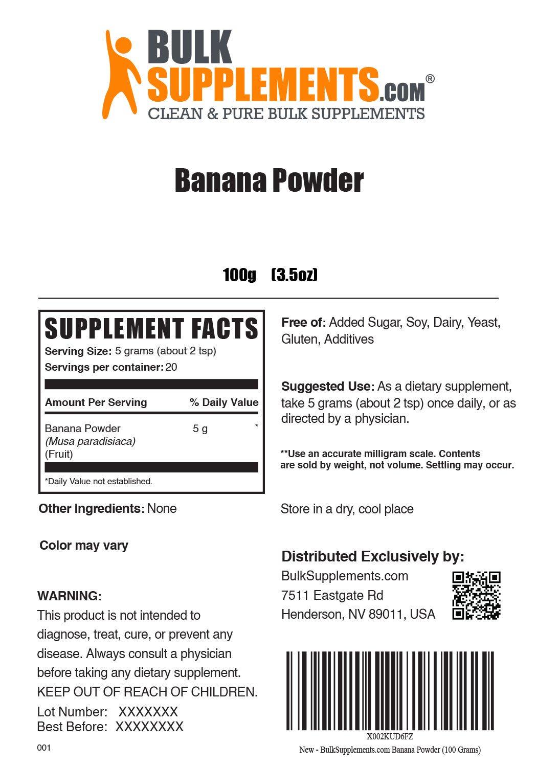 Banana Powder Supplement Facts 100g