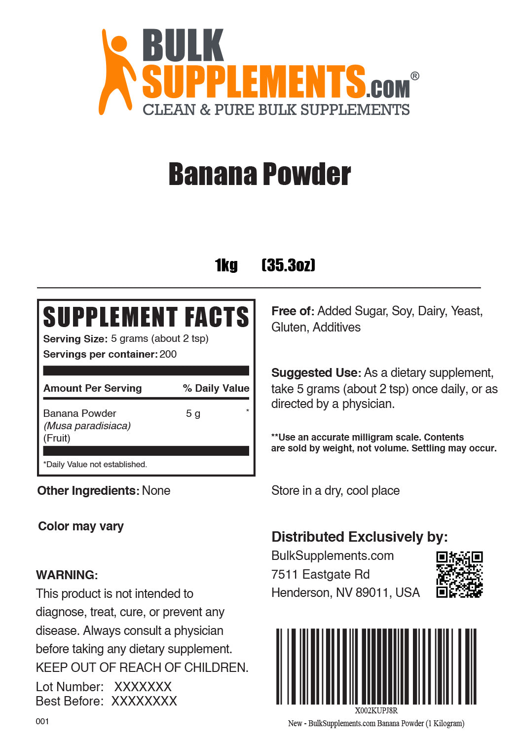 Banana Powder Supplement Facts for 1kg bag