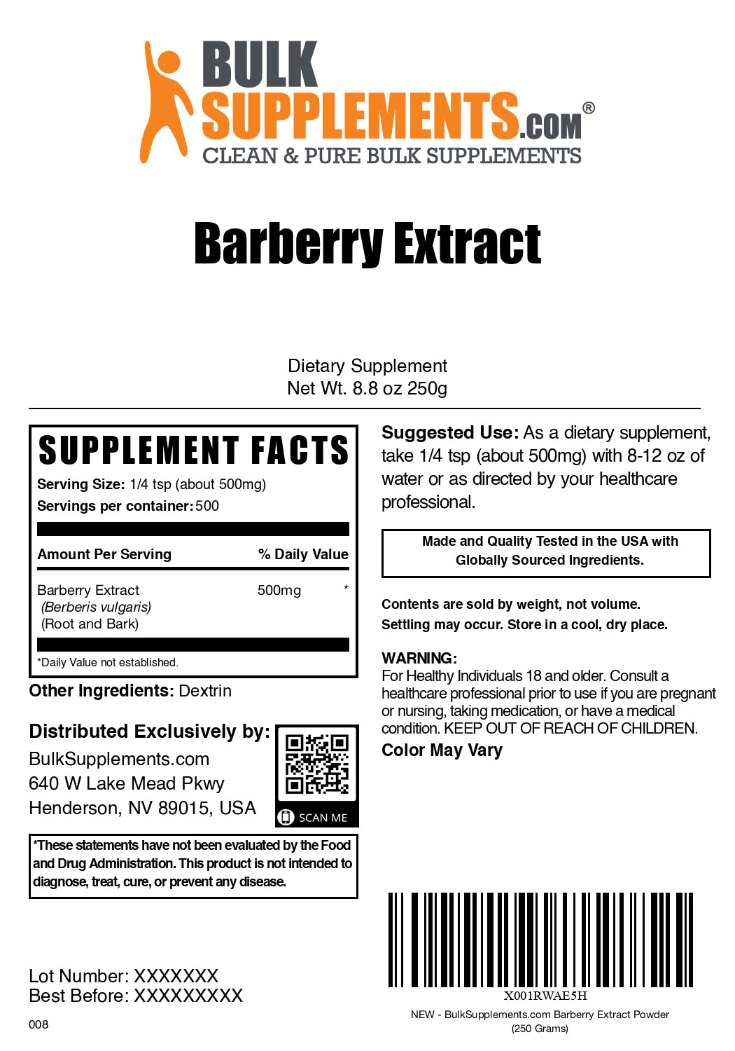 Barberry extract powder label 250g