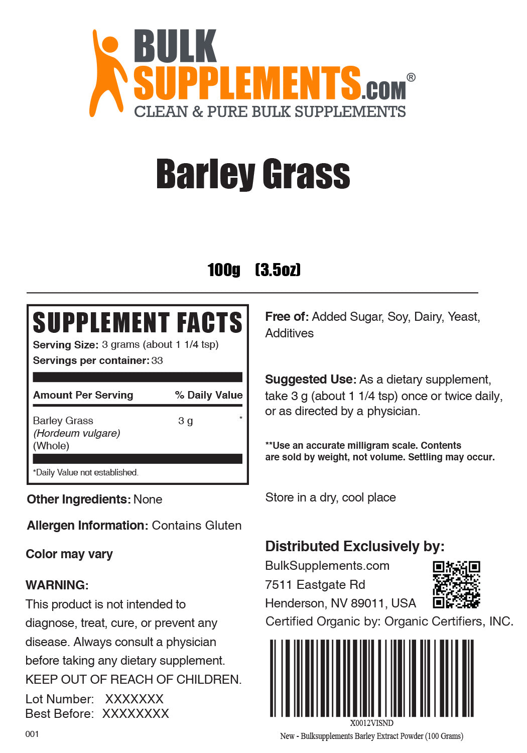 Barley Grass Powder Supplement Facts and Serving Size for 100g bag
