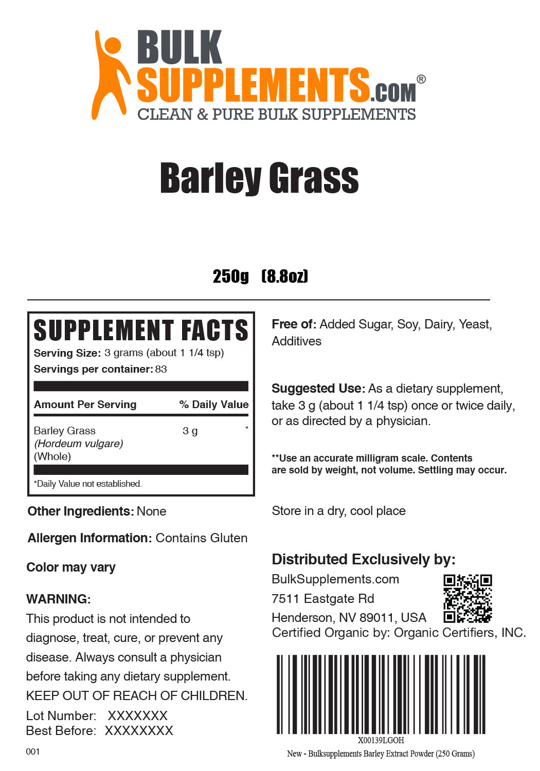 Organic Barley Grass Supplement Facts and Serving Size for 250g bag