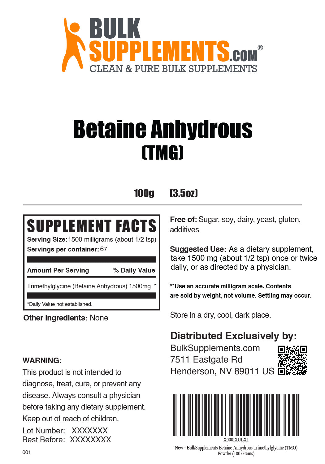 Supplement Facts BulkSupplements Betaine Anhydrous TMG Powder 100 grams