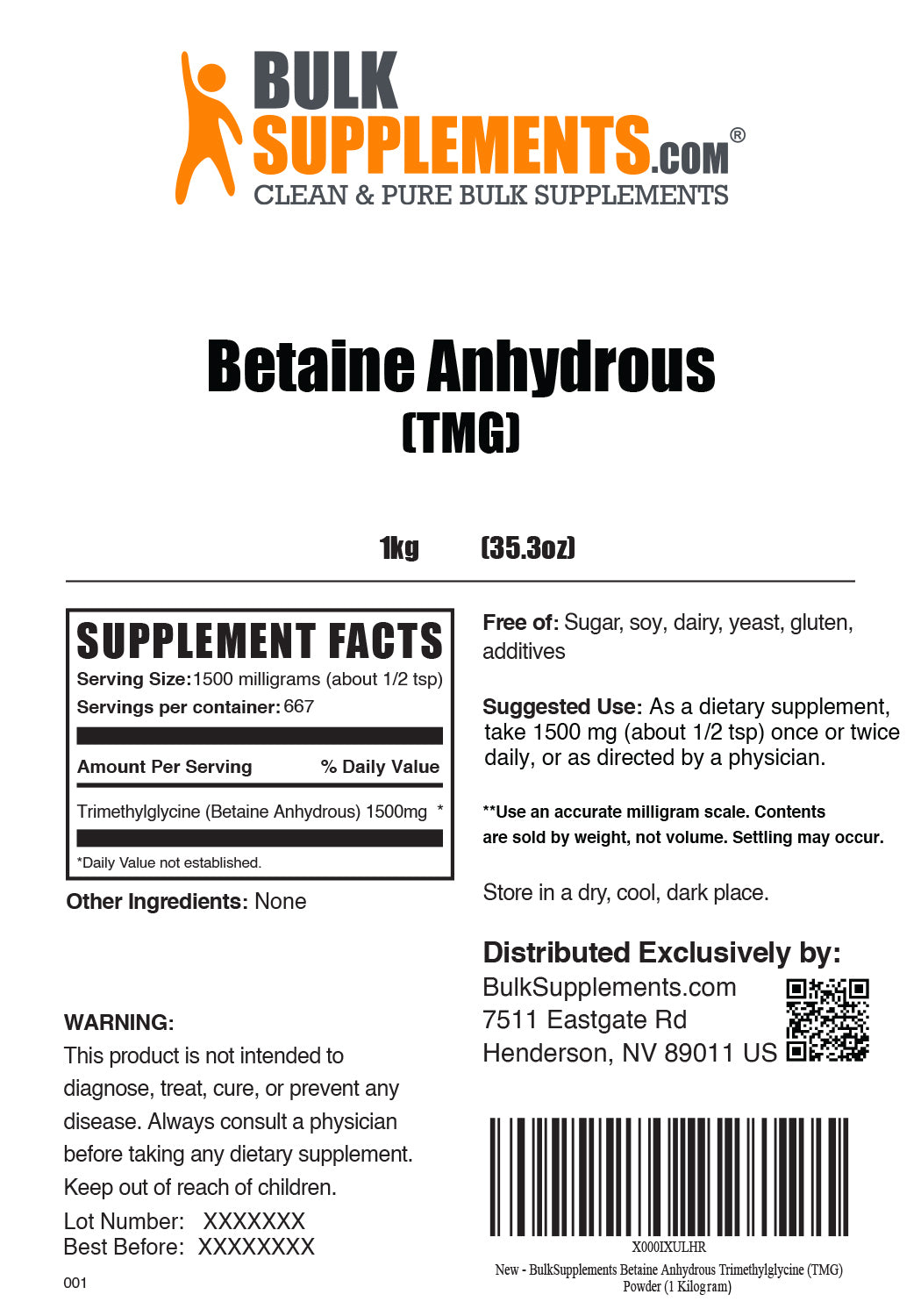 Supplement Facts Betaine Anhydrous TMG 1 Kilograms