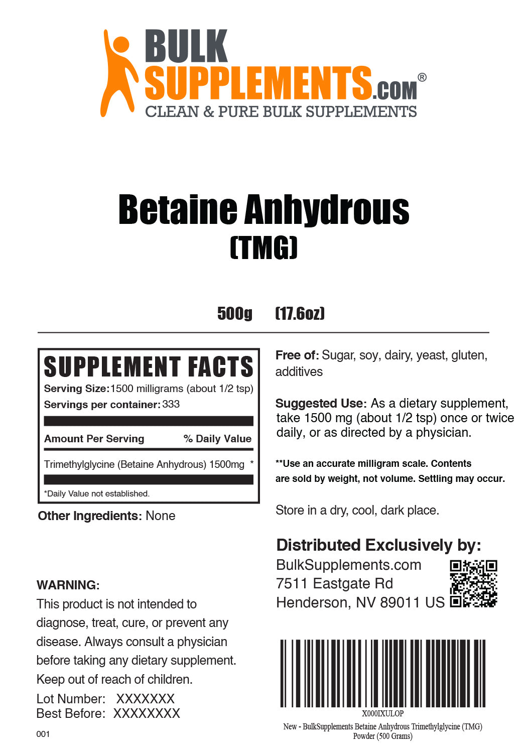 Supplement Facts Betaine Anhydrous TMG 500 grams