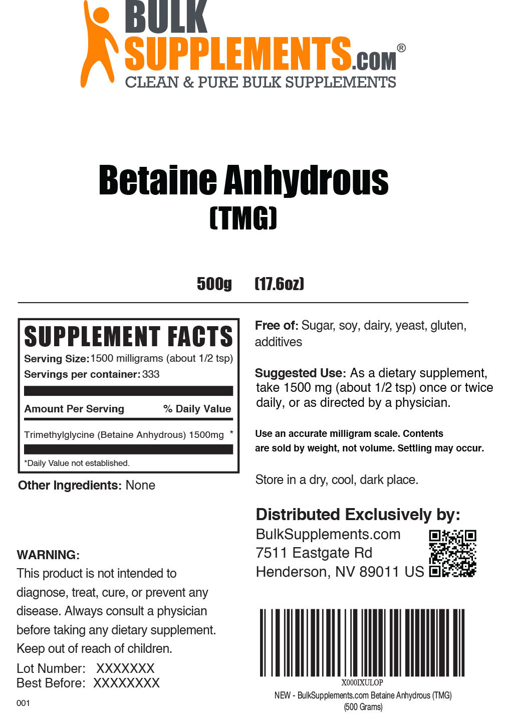 Betaine Anhydrous (TMG) powder label 500g