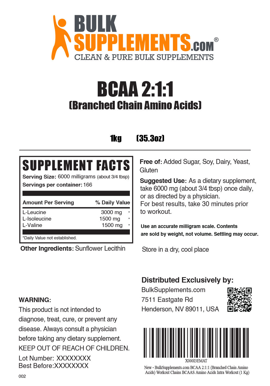 BCAA Powder Supplement Nutritional Facts and Serving Size for 1kg bag