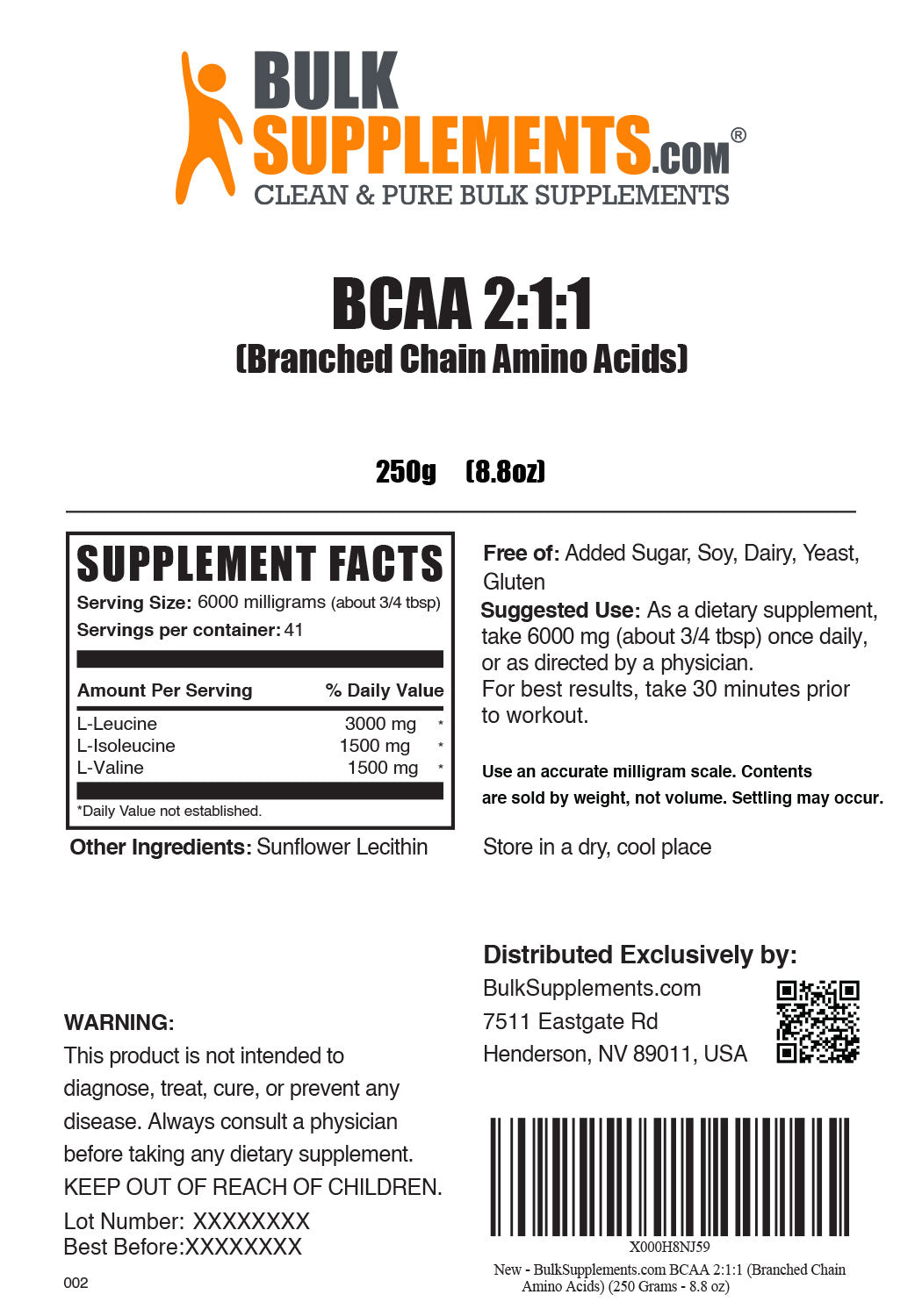 BCAA Powder Supplement Nutritional Facts and Serving Size for 250g bag