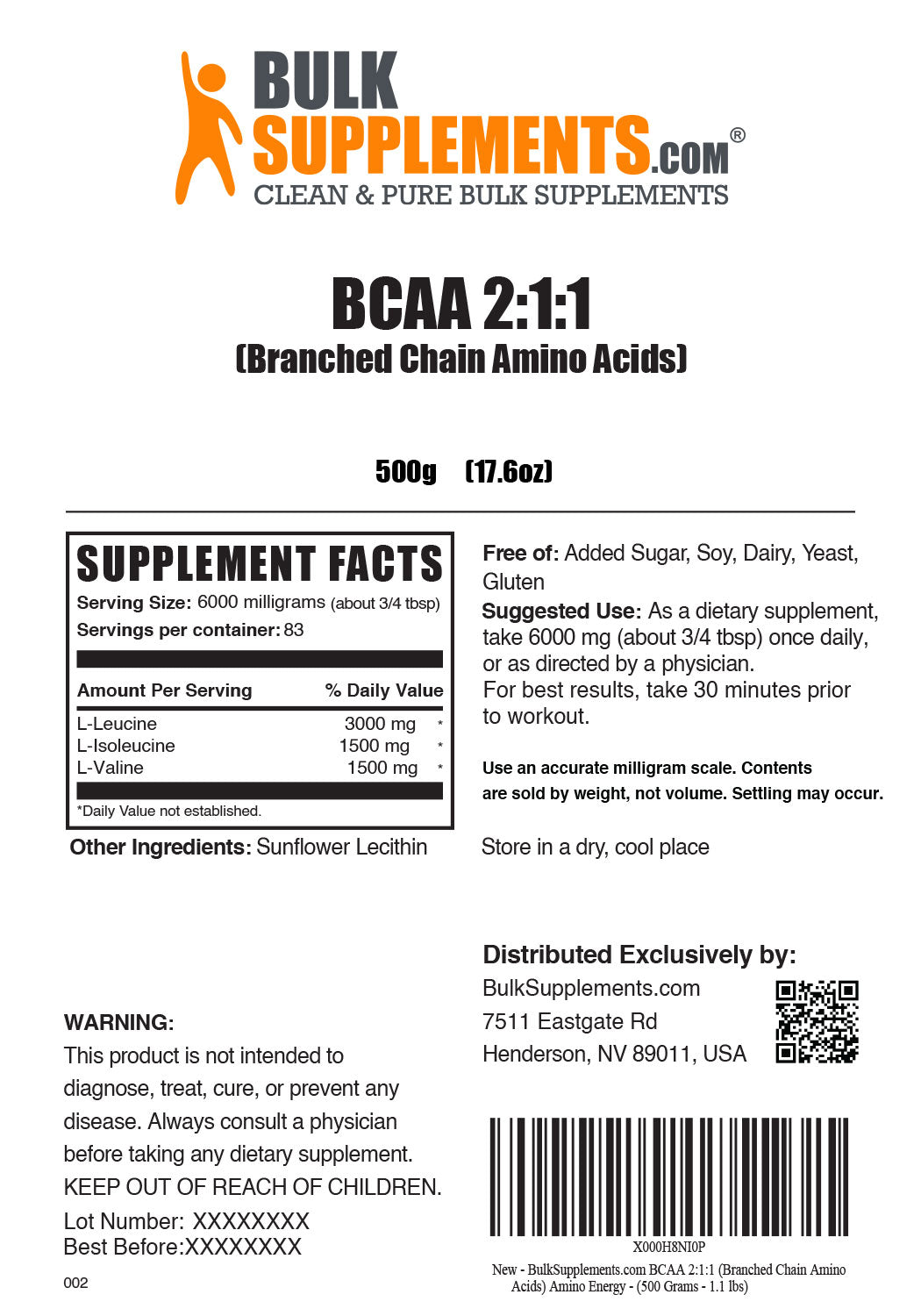 BCAA Powder Supplement Nutritional Facts and Serving Size for 500g bag
