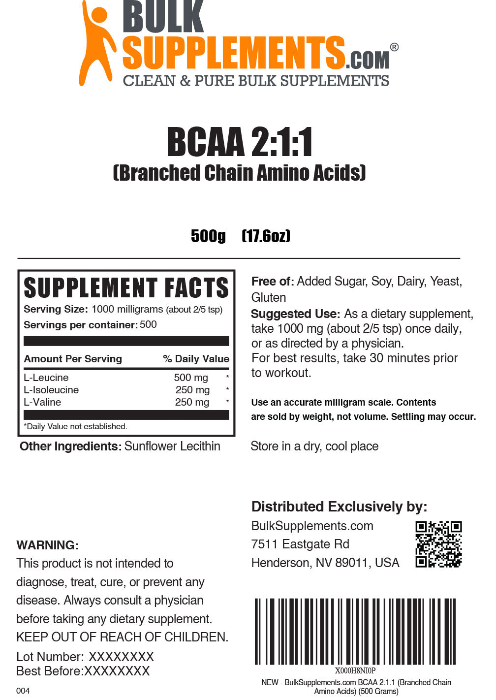 BCAA 2:1:1 powder label 500g