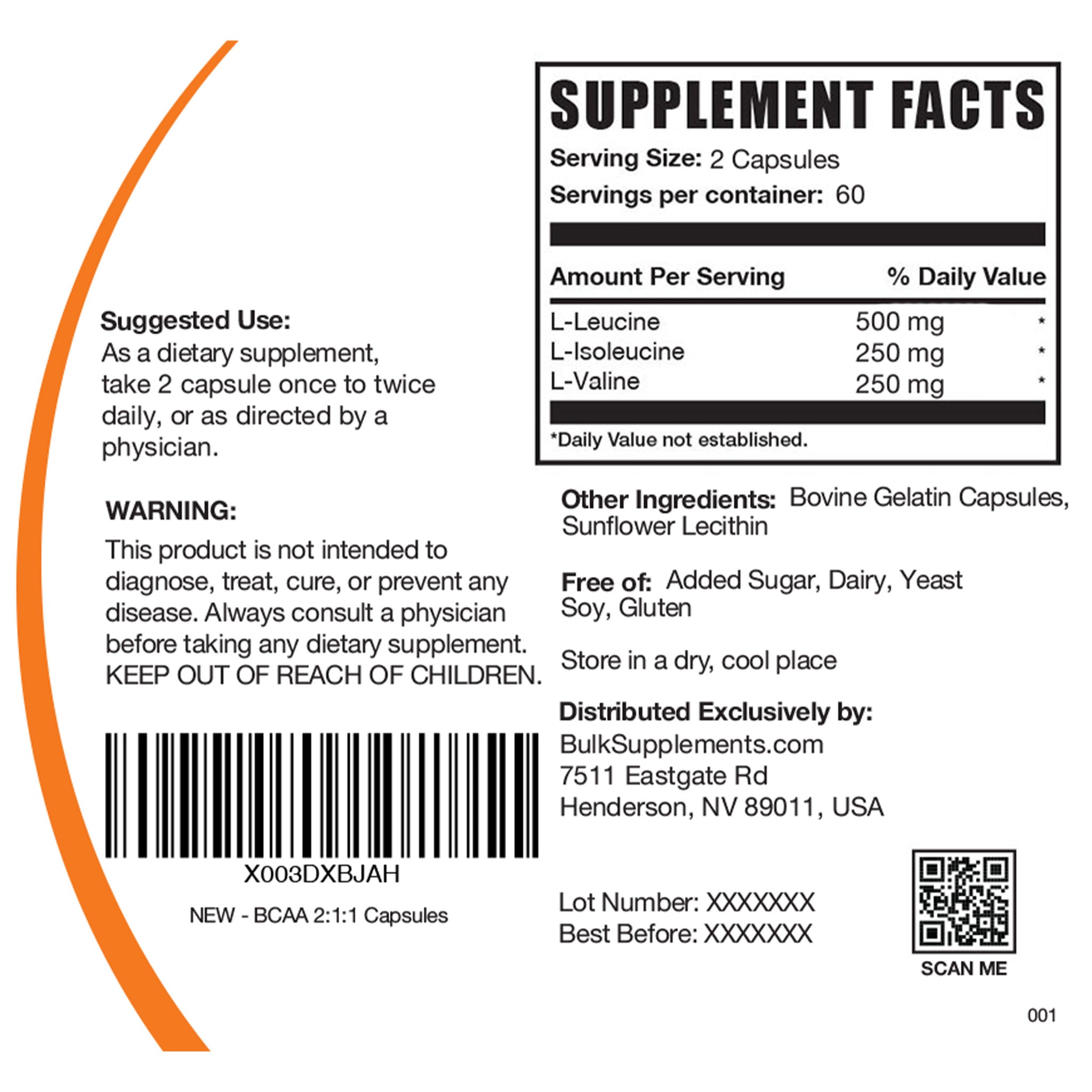 BCAA Supplement Nutritional Facts and Serving Size Label