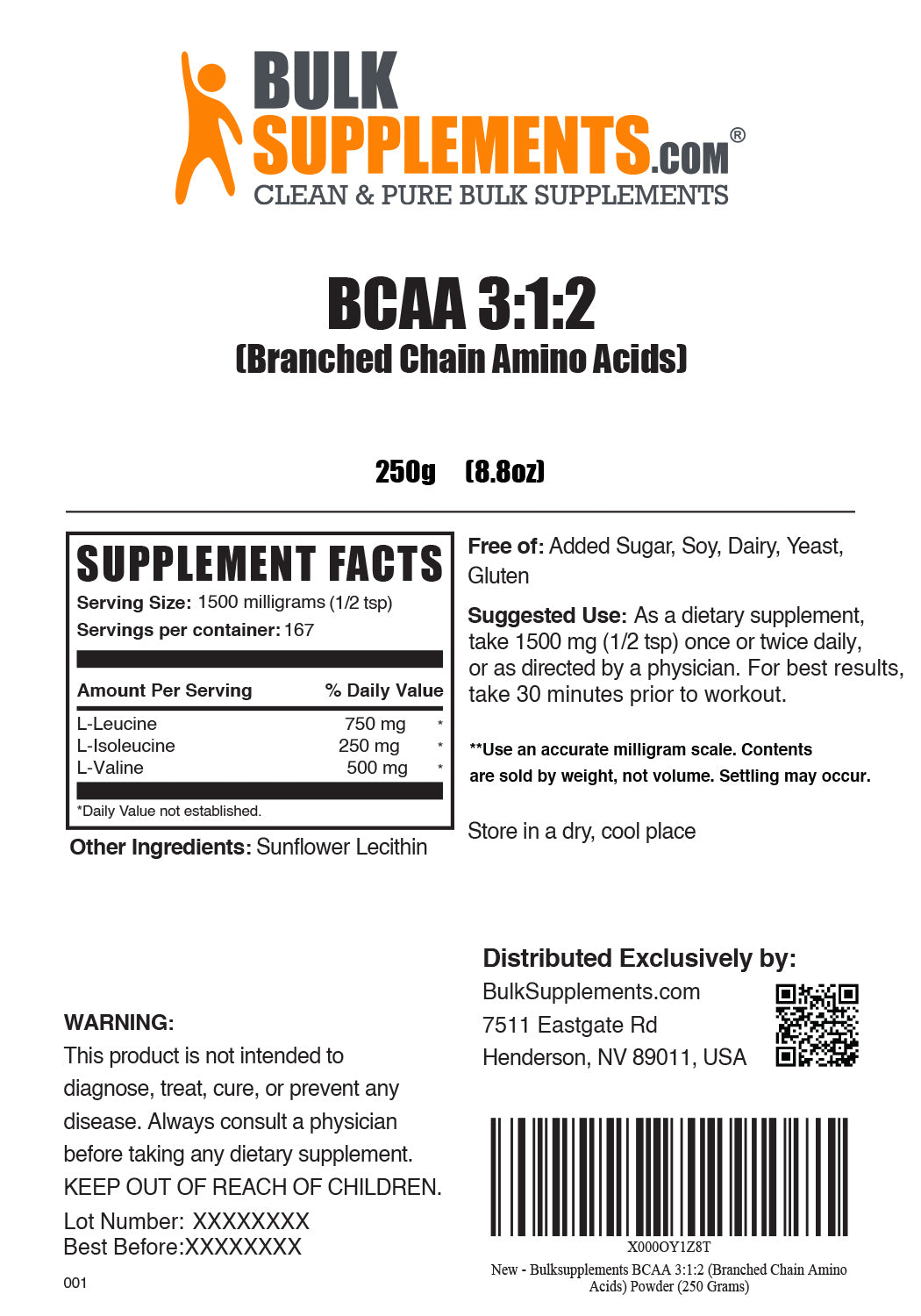 BCAA 312 Powder Supplement Facts and Serving Size for 250g Bag