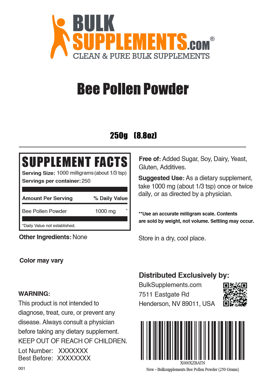 Bee Pollen Supplement Facts and Serving Size for 250g bag