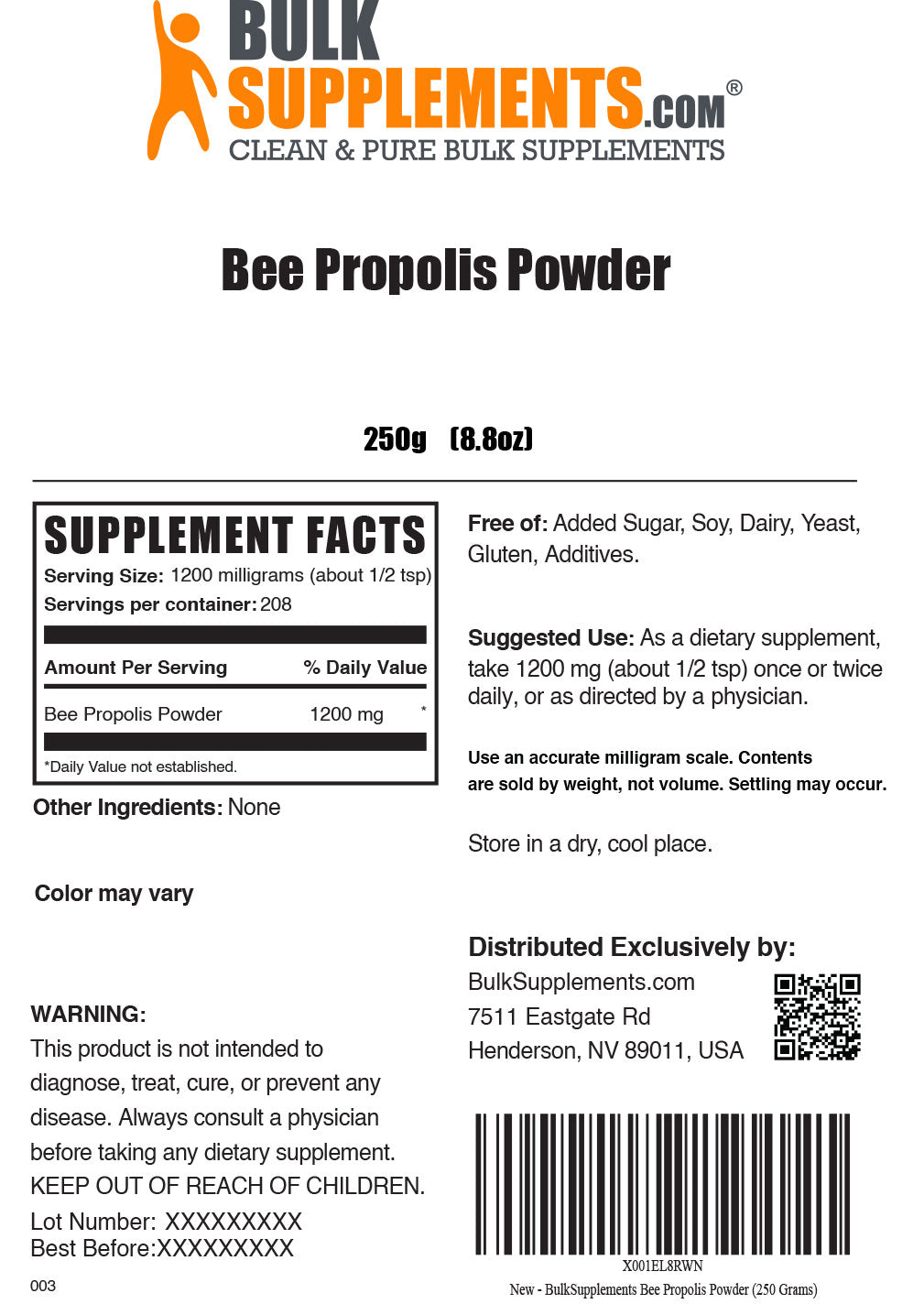 Bee Propolis Powder Supplement Facts and Serving Size for 250g bag