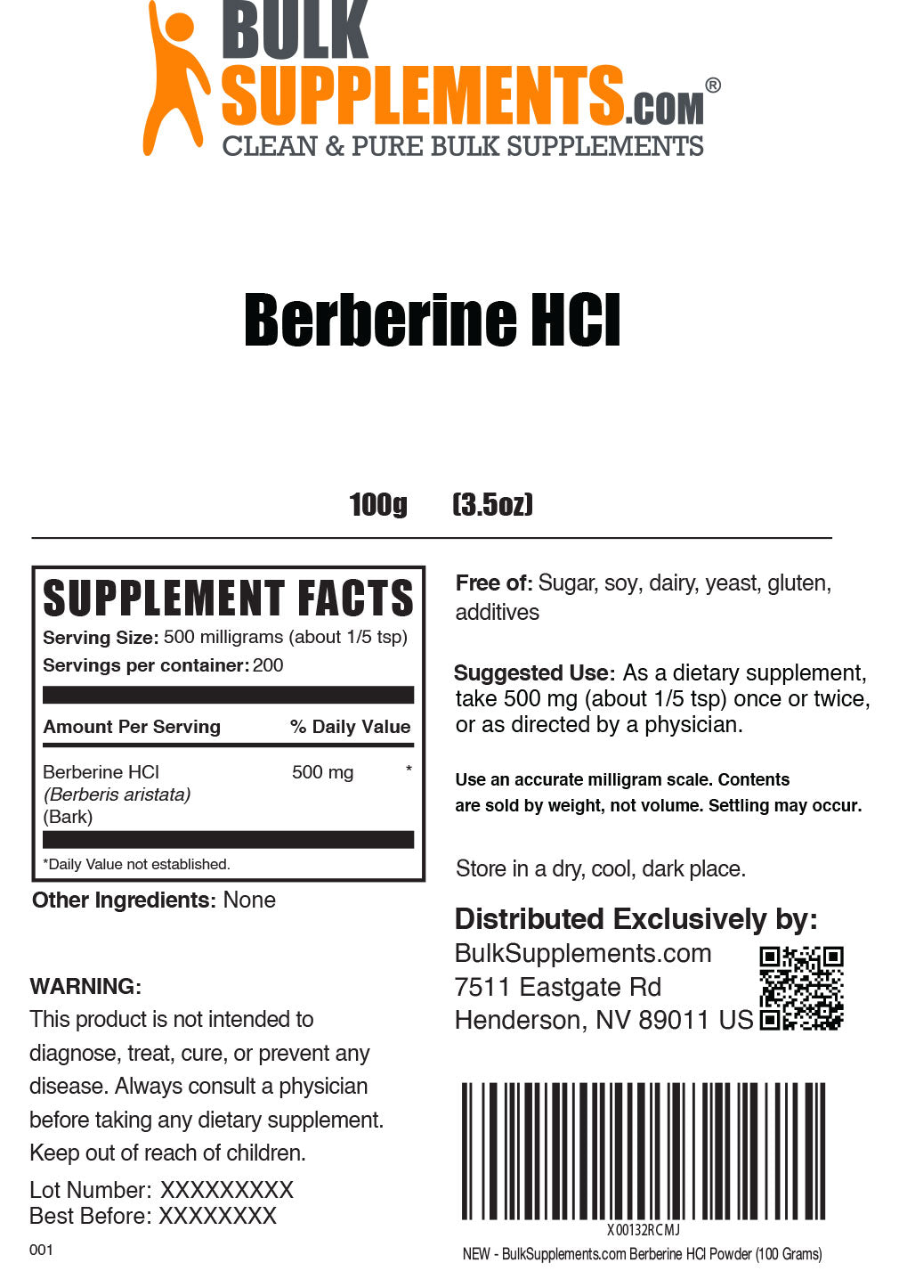 Berberine HCl Supplement Facts 100g bag