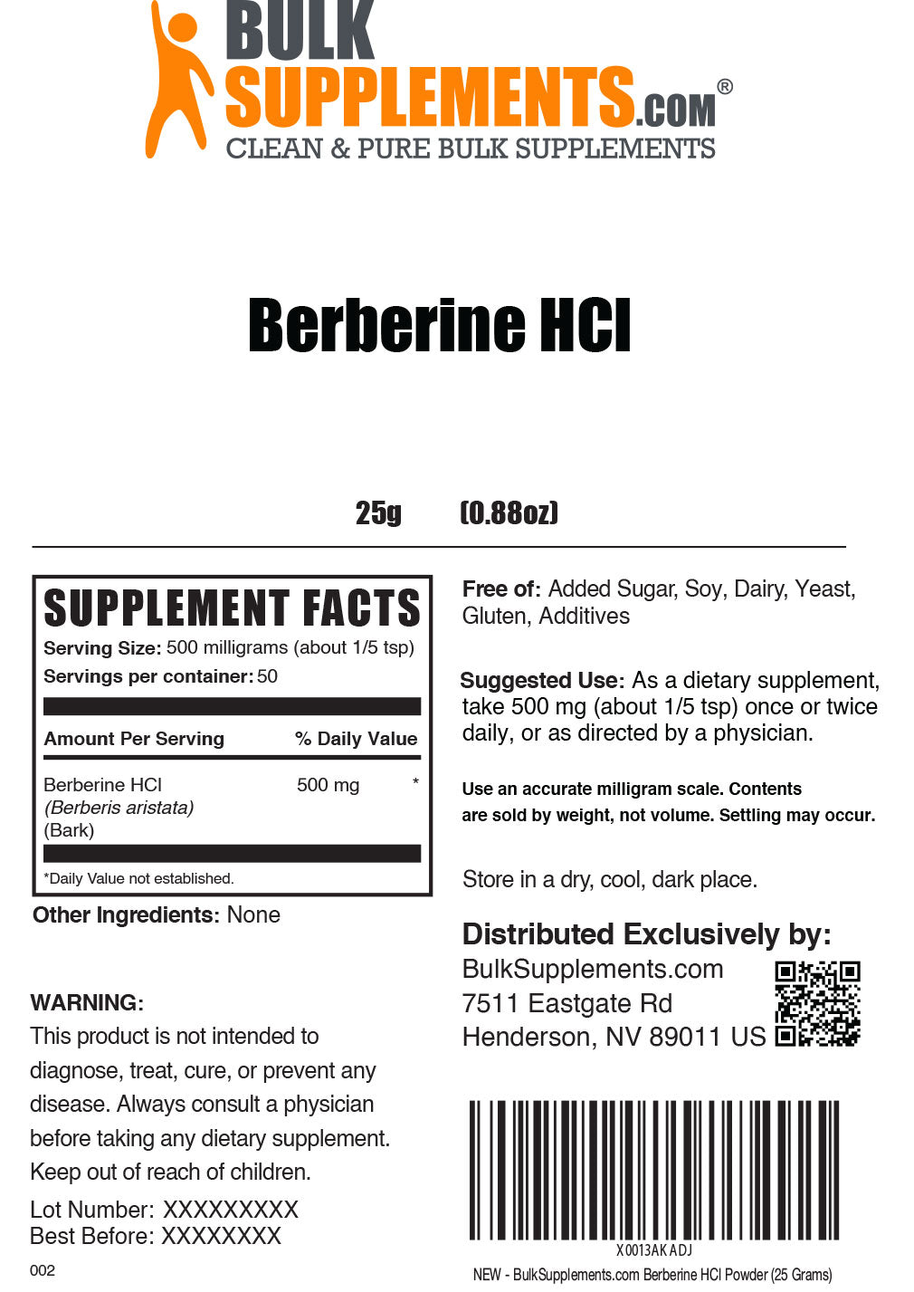 Berberine HCl Supplement Facts 25g bag