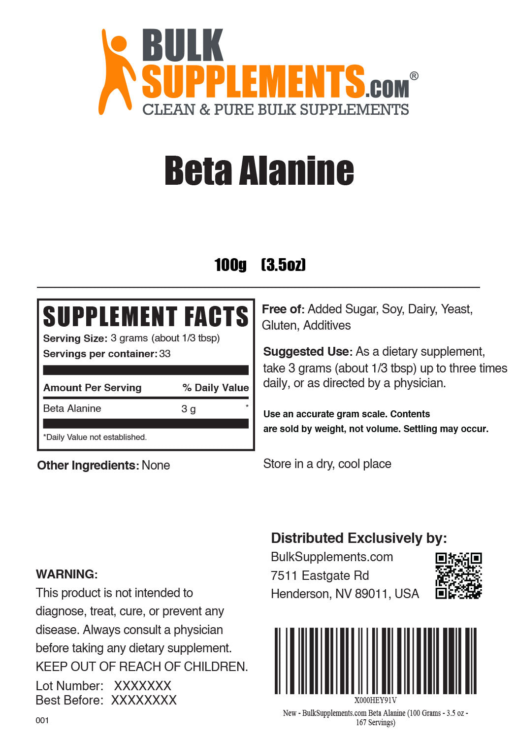 Beta Alanine Supplement Facts for 100g Bag