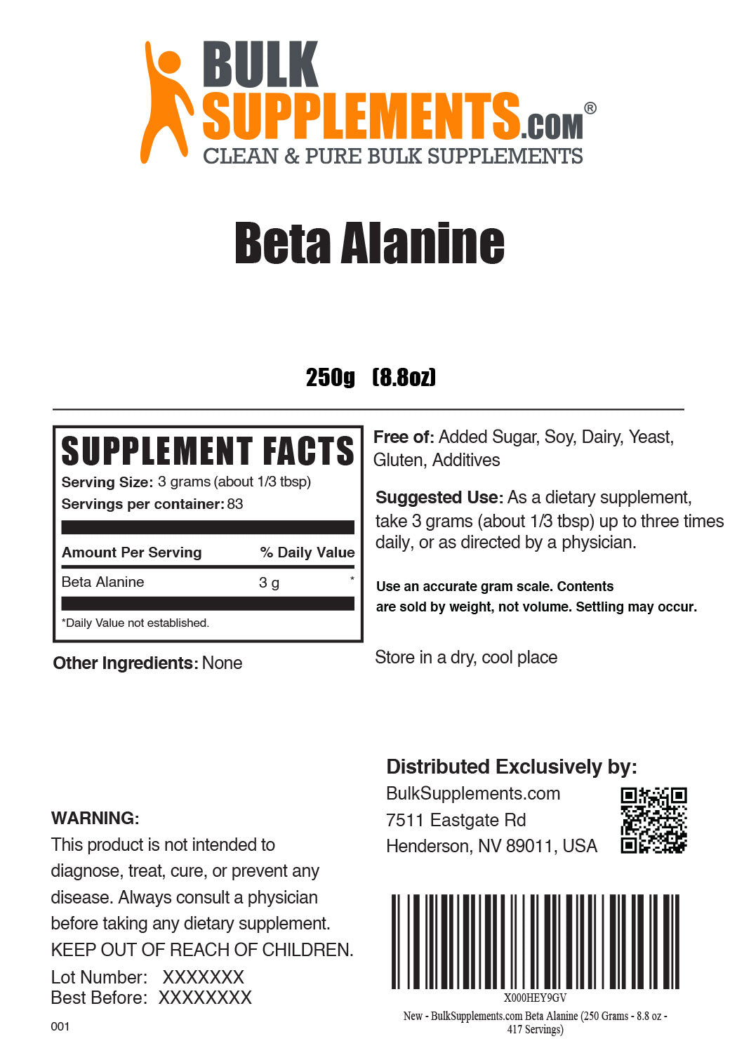 Beta Alanine Supplement Facts for 250g bag