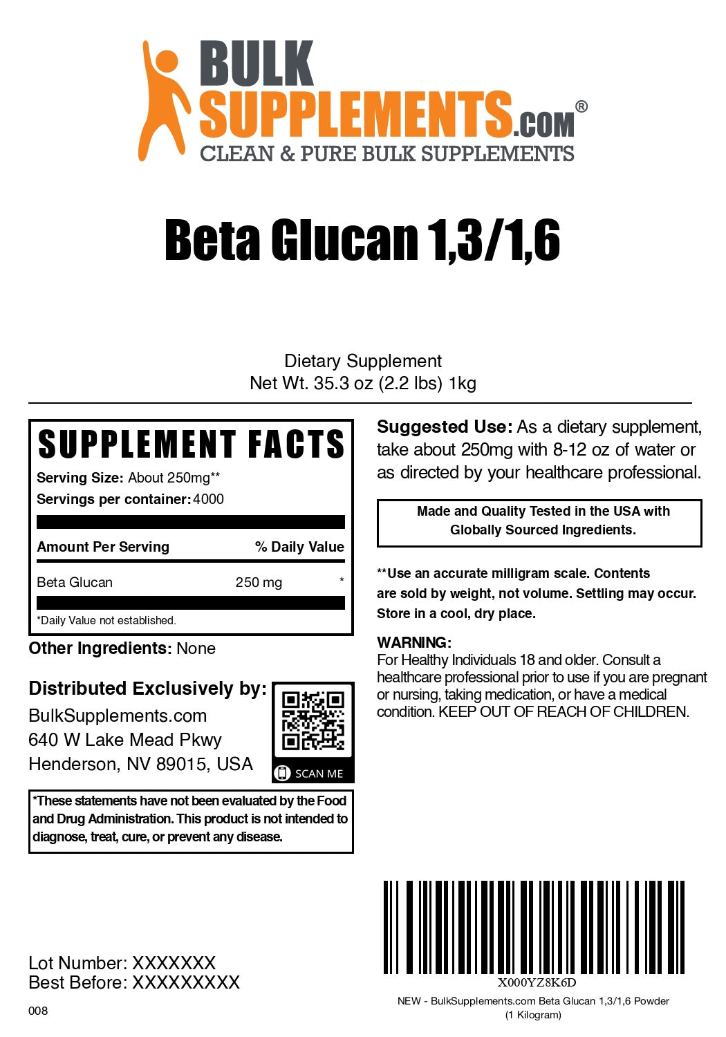 Beta Glucan 1,3/1,6 Powder 1kg label