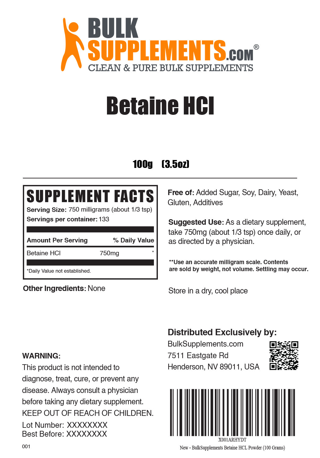 Supplements Facts Betaine HCl 100 grams