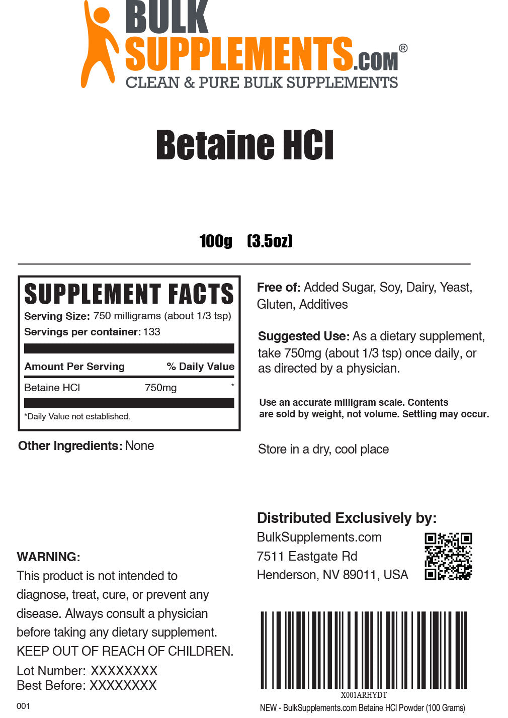 Supplement Facts Betaine HCl