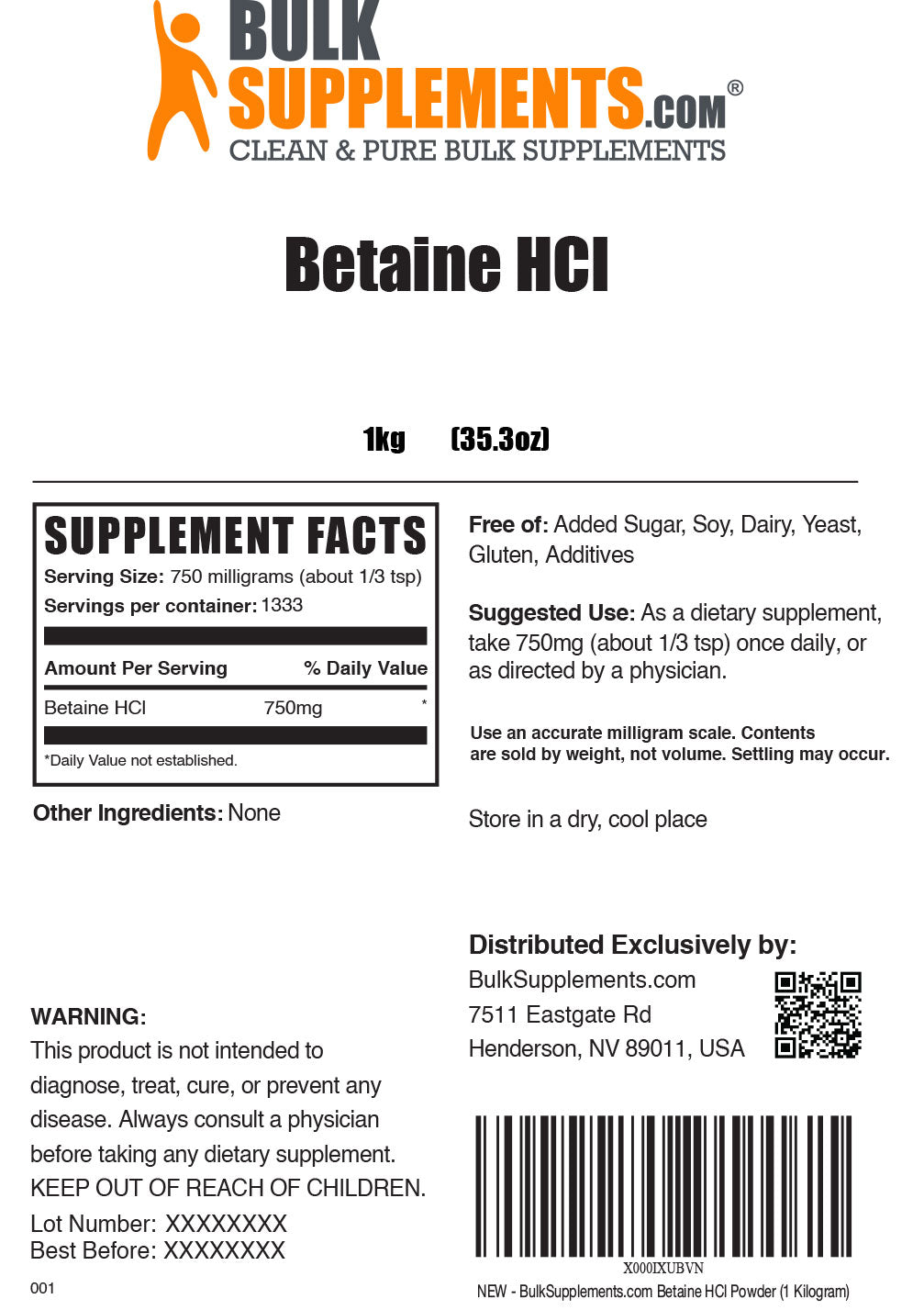 Supplements Facts Betaine HCl 1 Kilogram