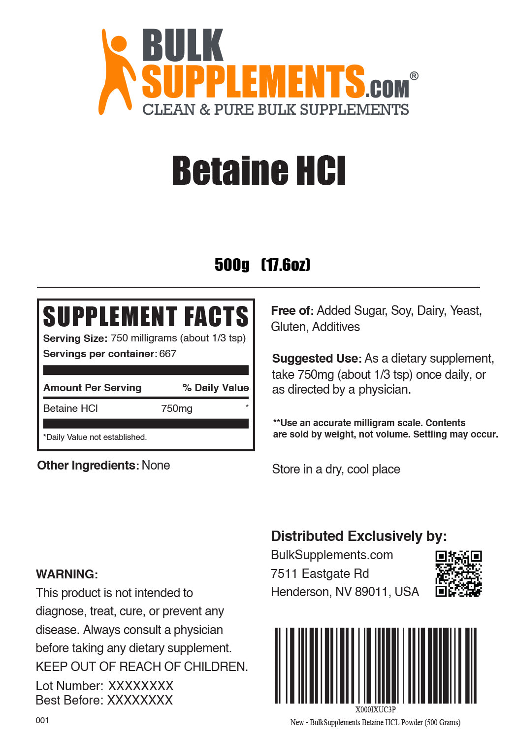Supplement Facts BulkSupplements Betaine HCl 500 grams