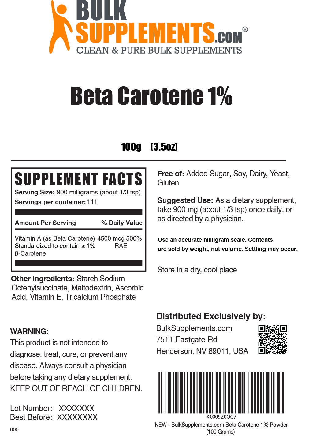 Supplement Facts Beta Carotene Powder