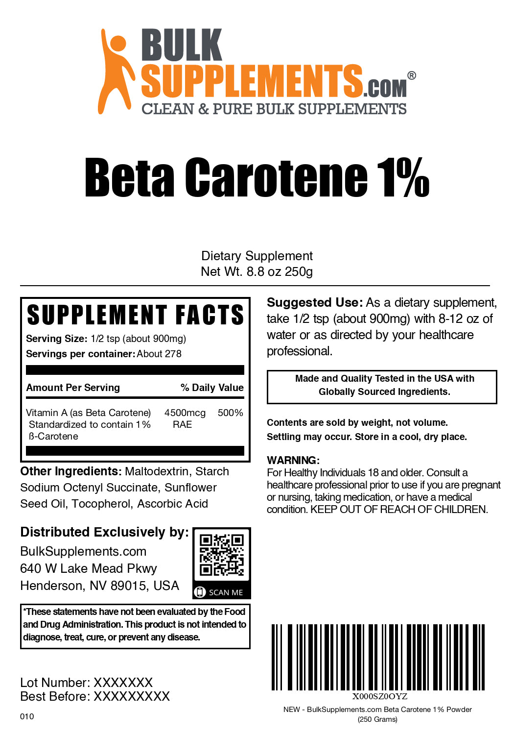 Beta carotene powder label 250g