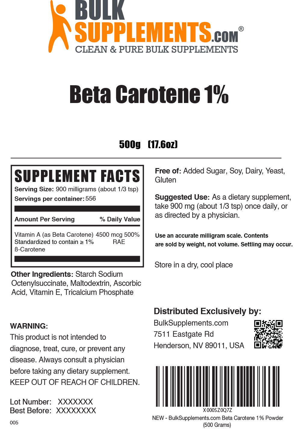 Supplement Facts Beta Carotene Powder