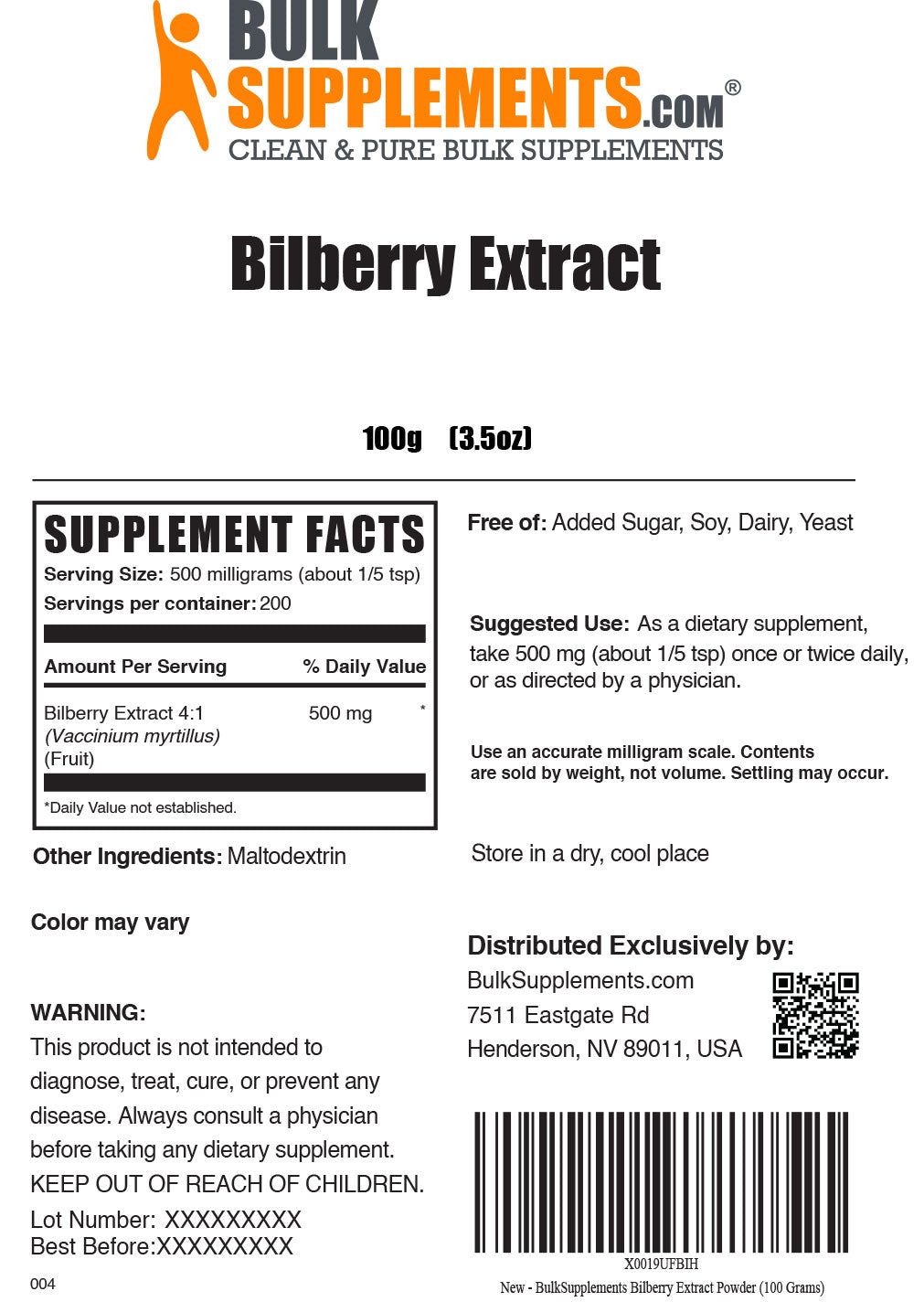 100g bilberry supplement facts