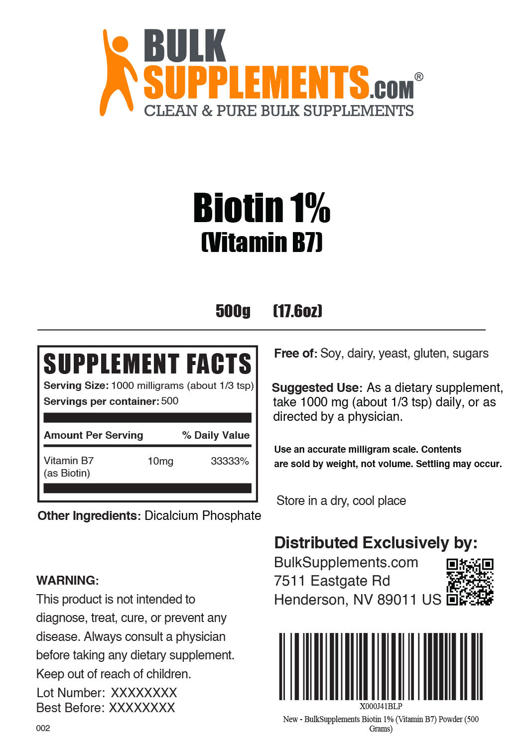 Supplement Facts Biotin 1% (Vitamin B7) 500 grams