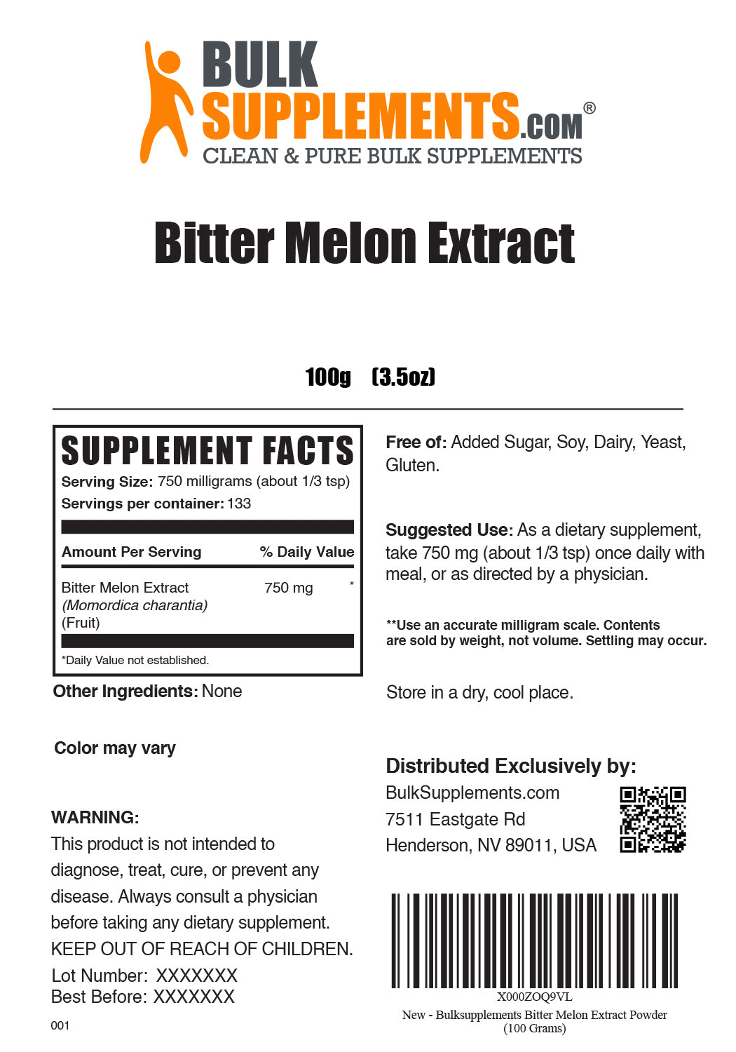 Supplement Facts Bitter Melon Extract 100 grams