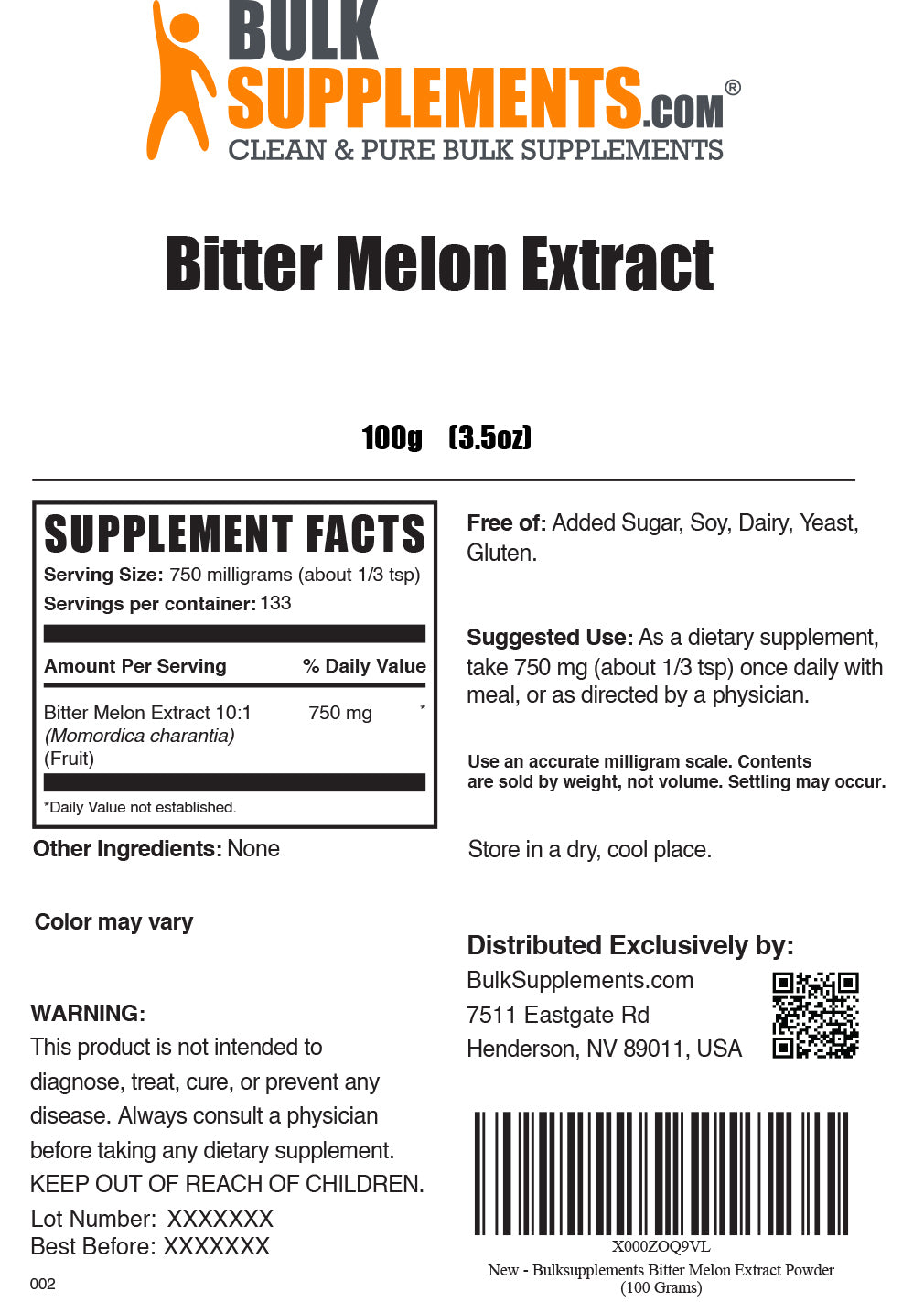 Supplement Facts Bitter Melon Extract 100 grams