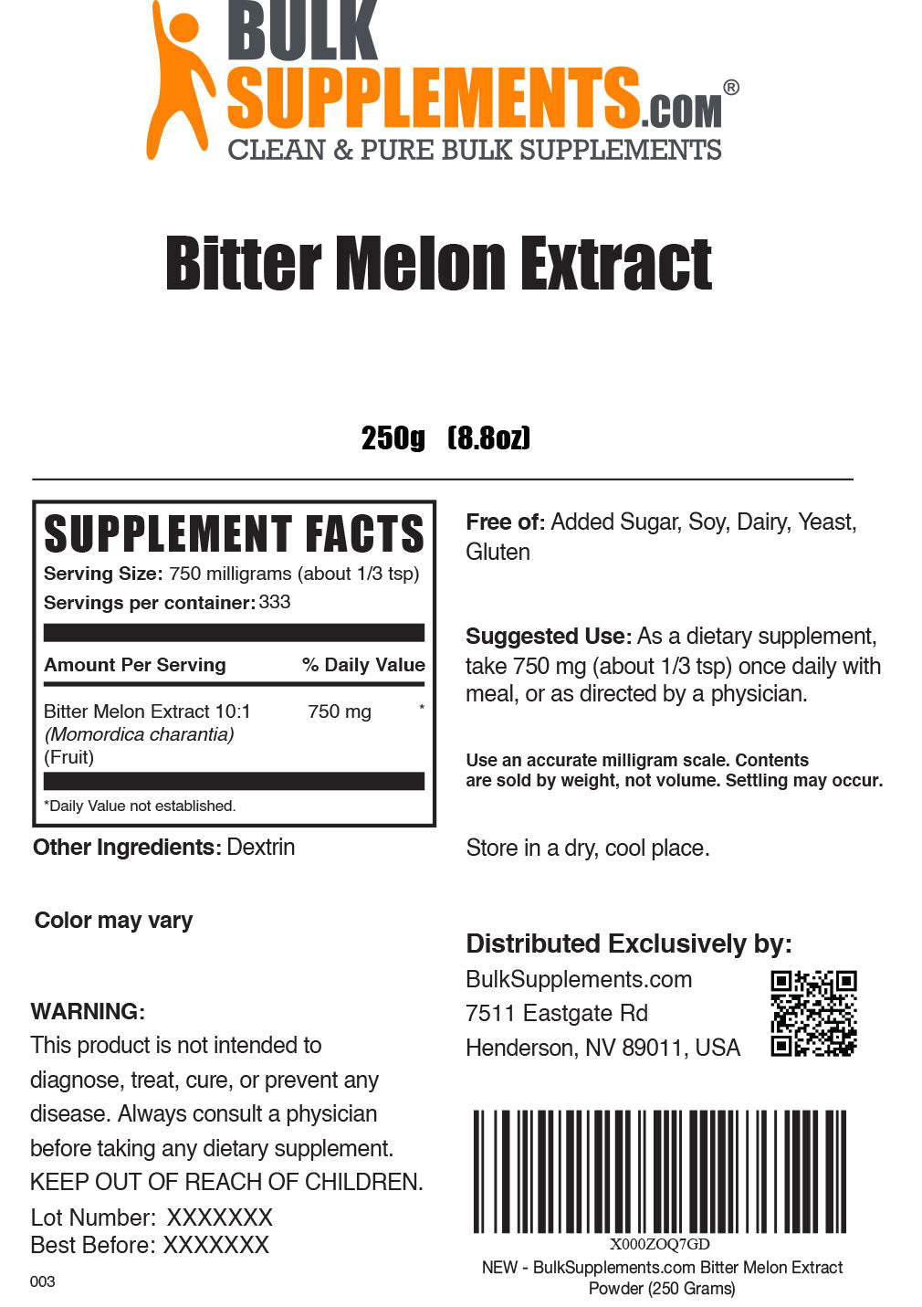Supplement Facts Bitter Melon Extract 250 grams
