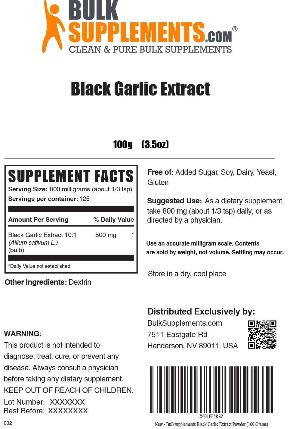 100g bag of black garlic extract supplement facts