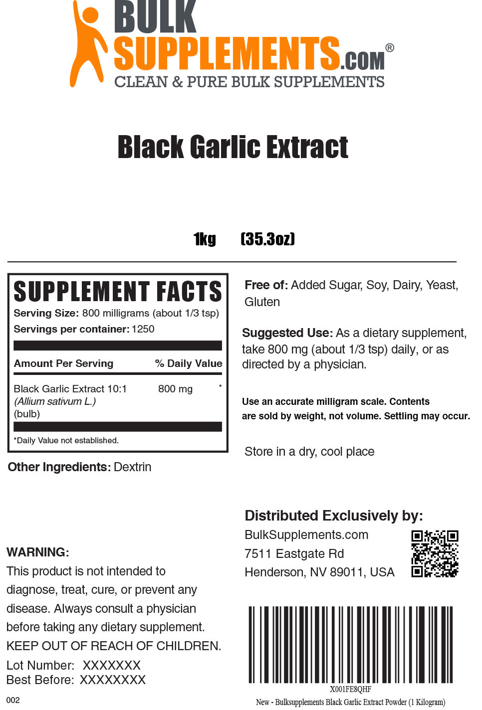 1kg bag of black garlic extract supplement facts