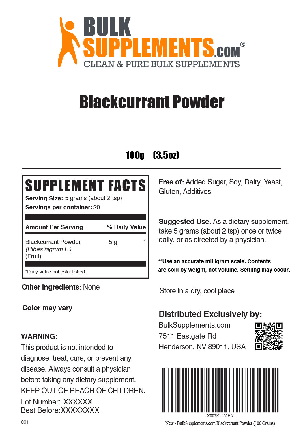 Supplement Facts Blackcurrant Powder 100 grams
