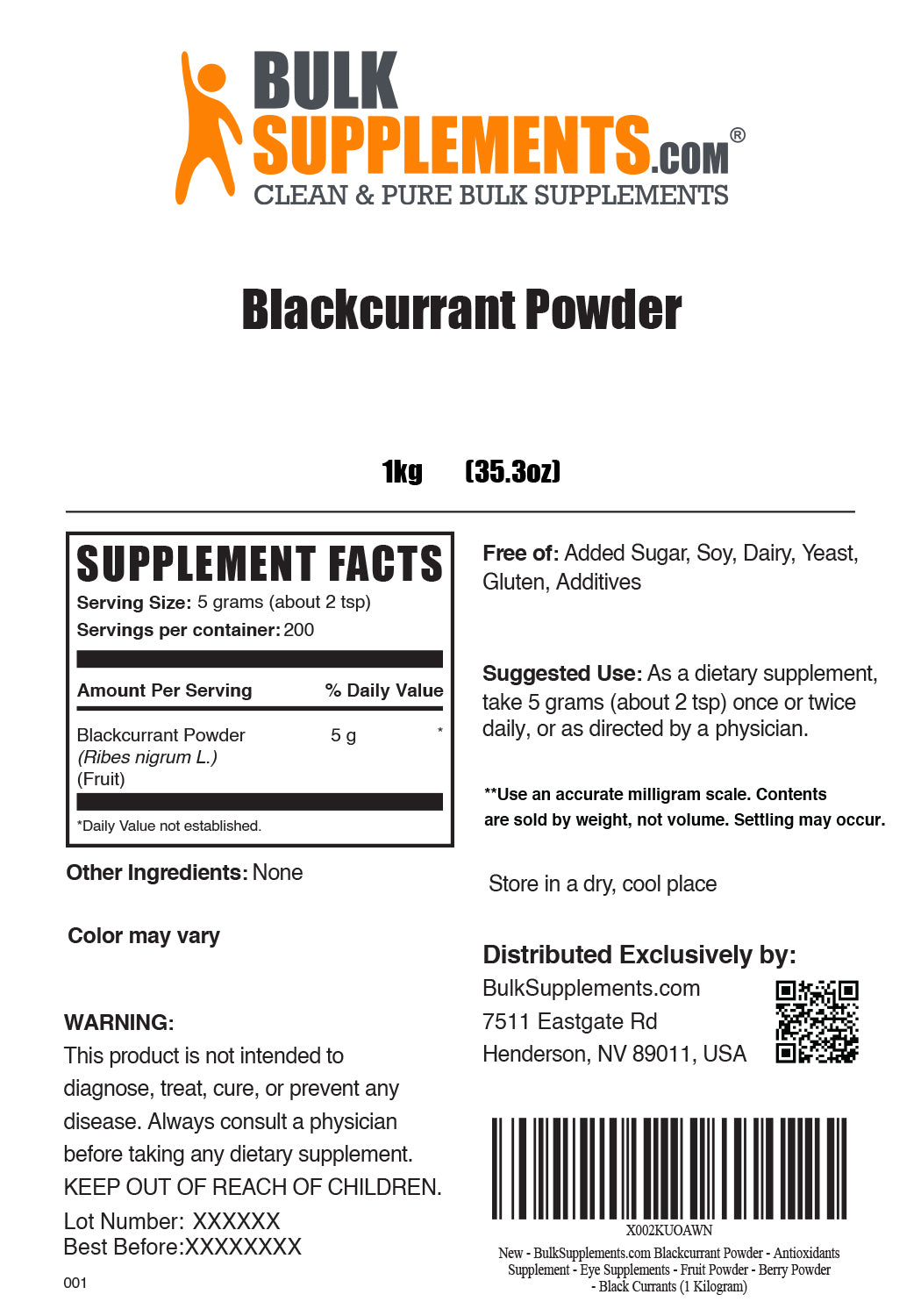 Supplement Facts Blackcurrant Powder 1 Kilogram
