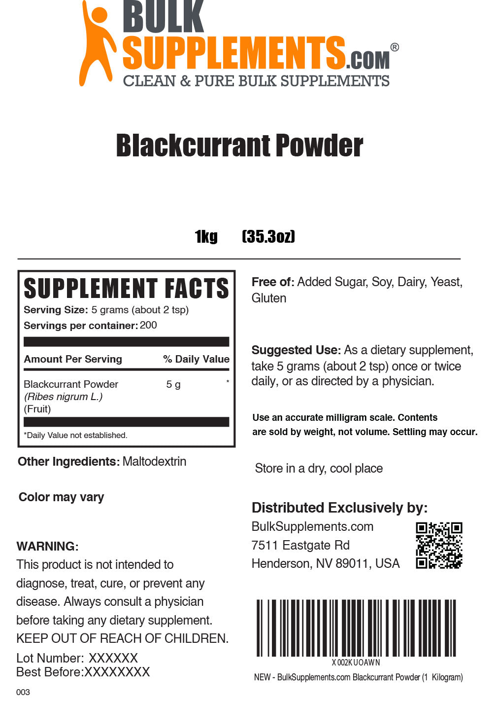 Supplement Facts Blackcurrant Powder 1 kilogram