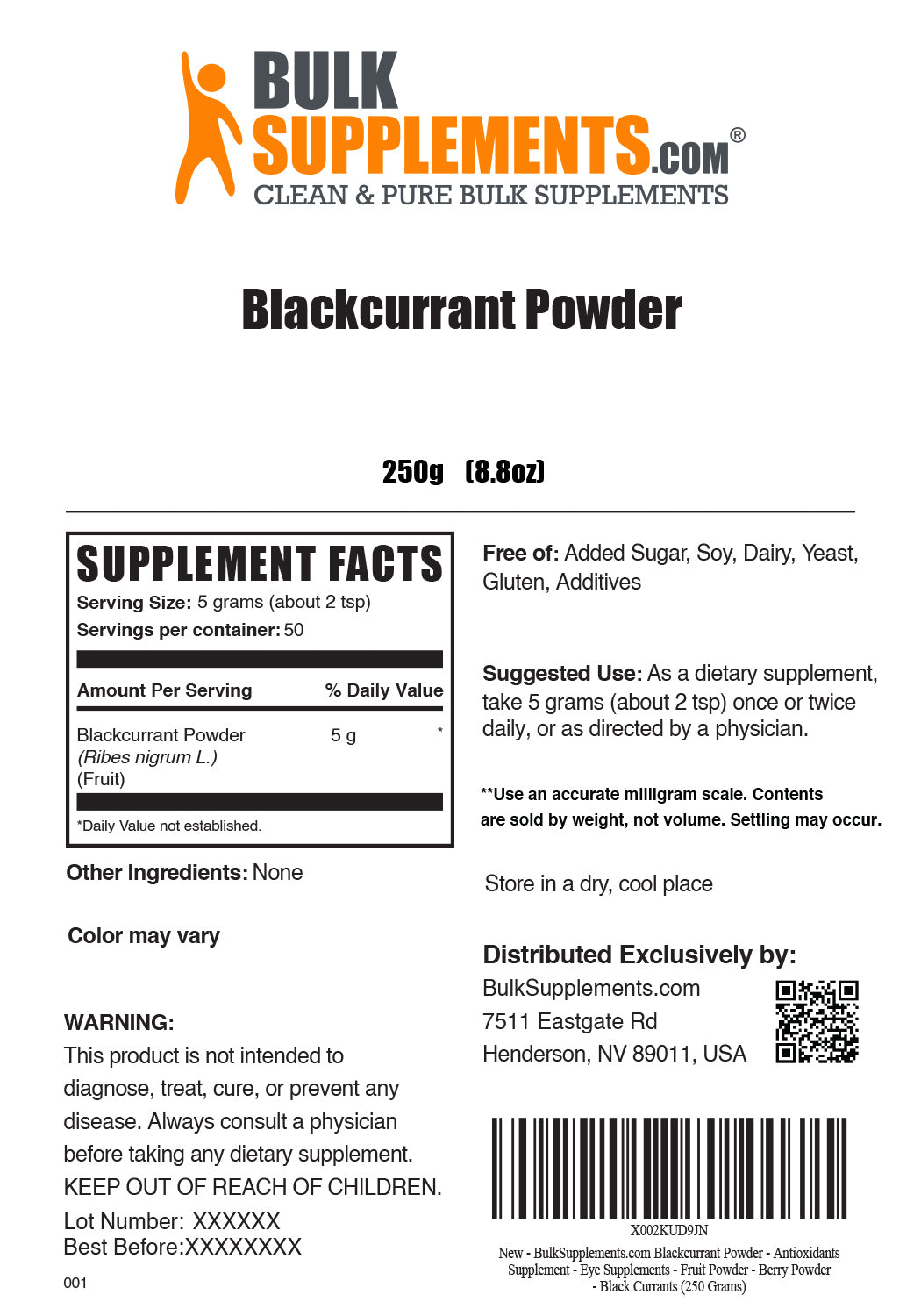 Supplement Facts Blackcurrant Powder 250 grams
