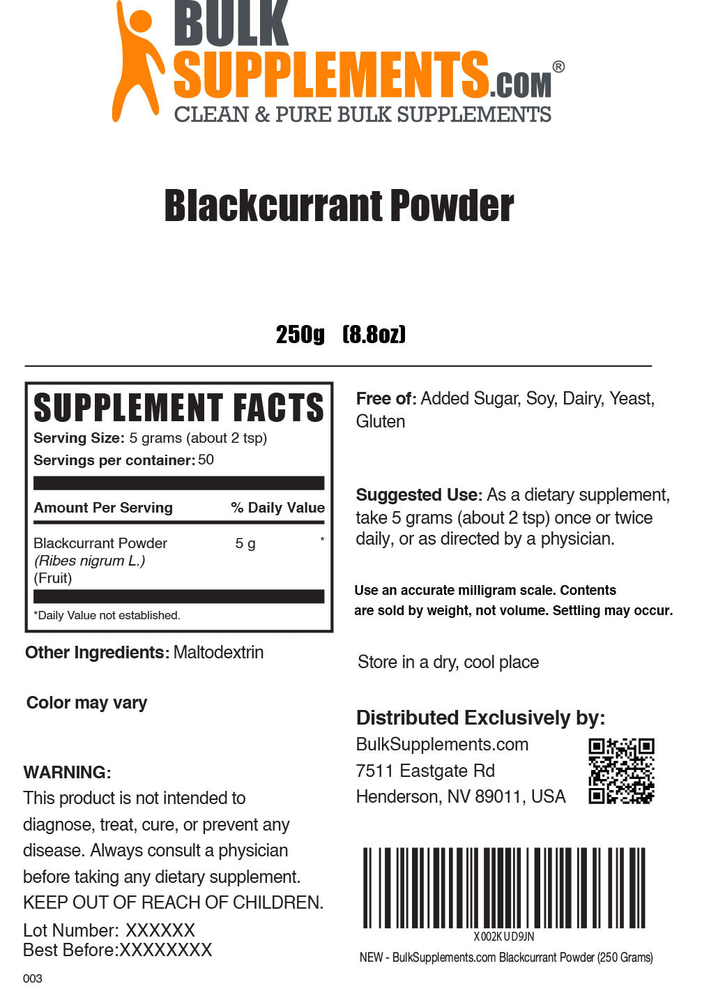 Supplement Facts Blackcurrant Powder 250 grams
