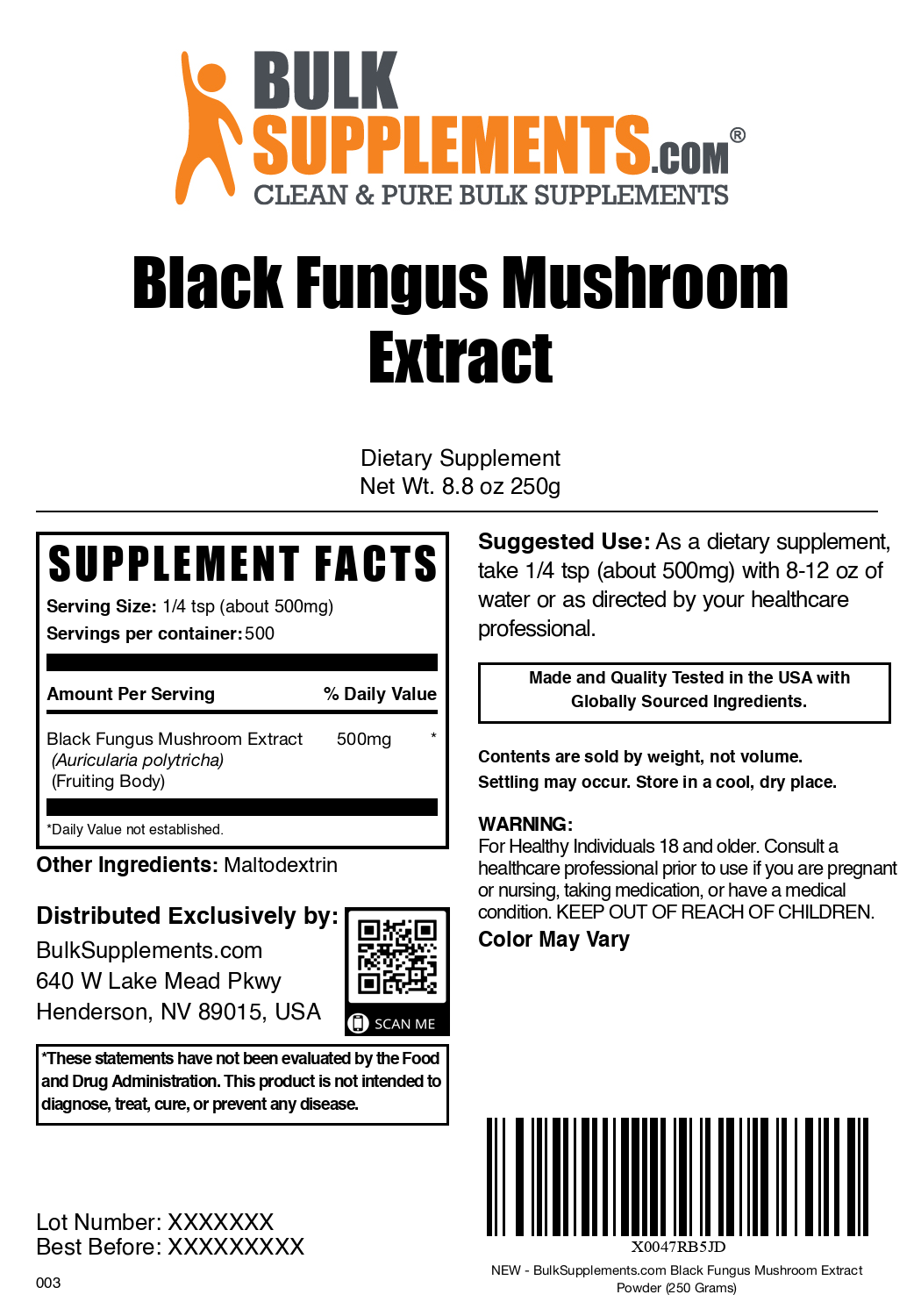 Black Fungus Extract Powder 250g Bag Label