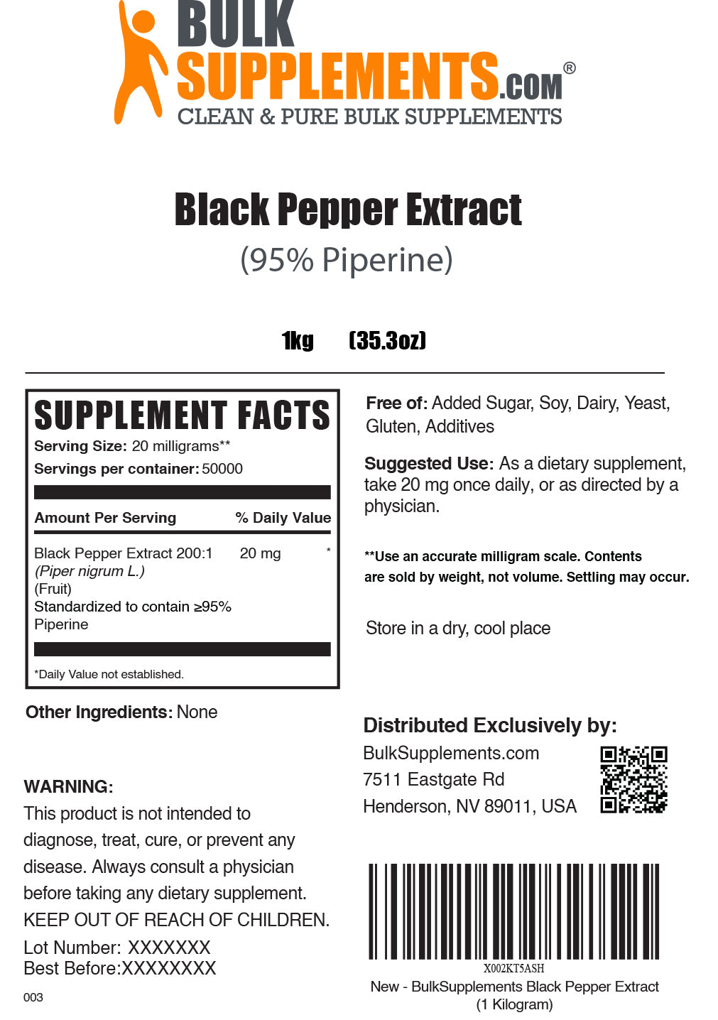 1kg black pepper extract supplement facts