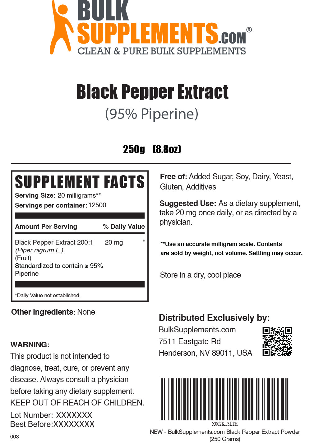250g black pepper extract supplement facts