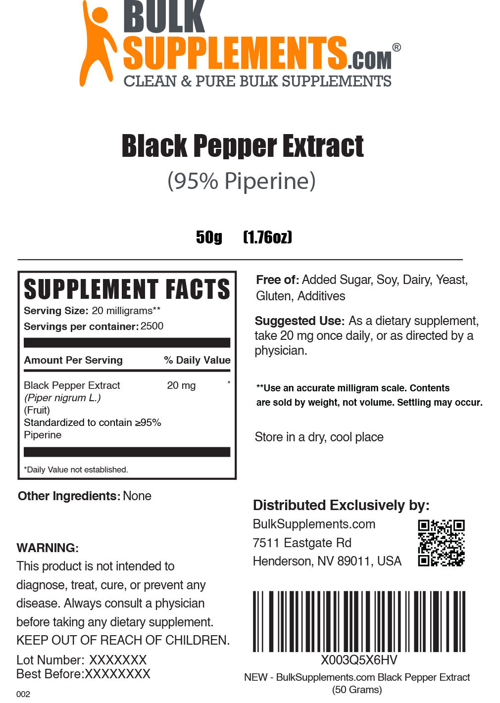 500g black pepper extract supplement facts