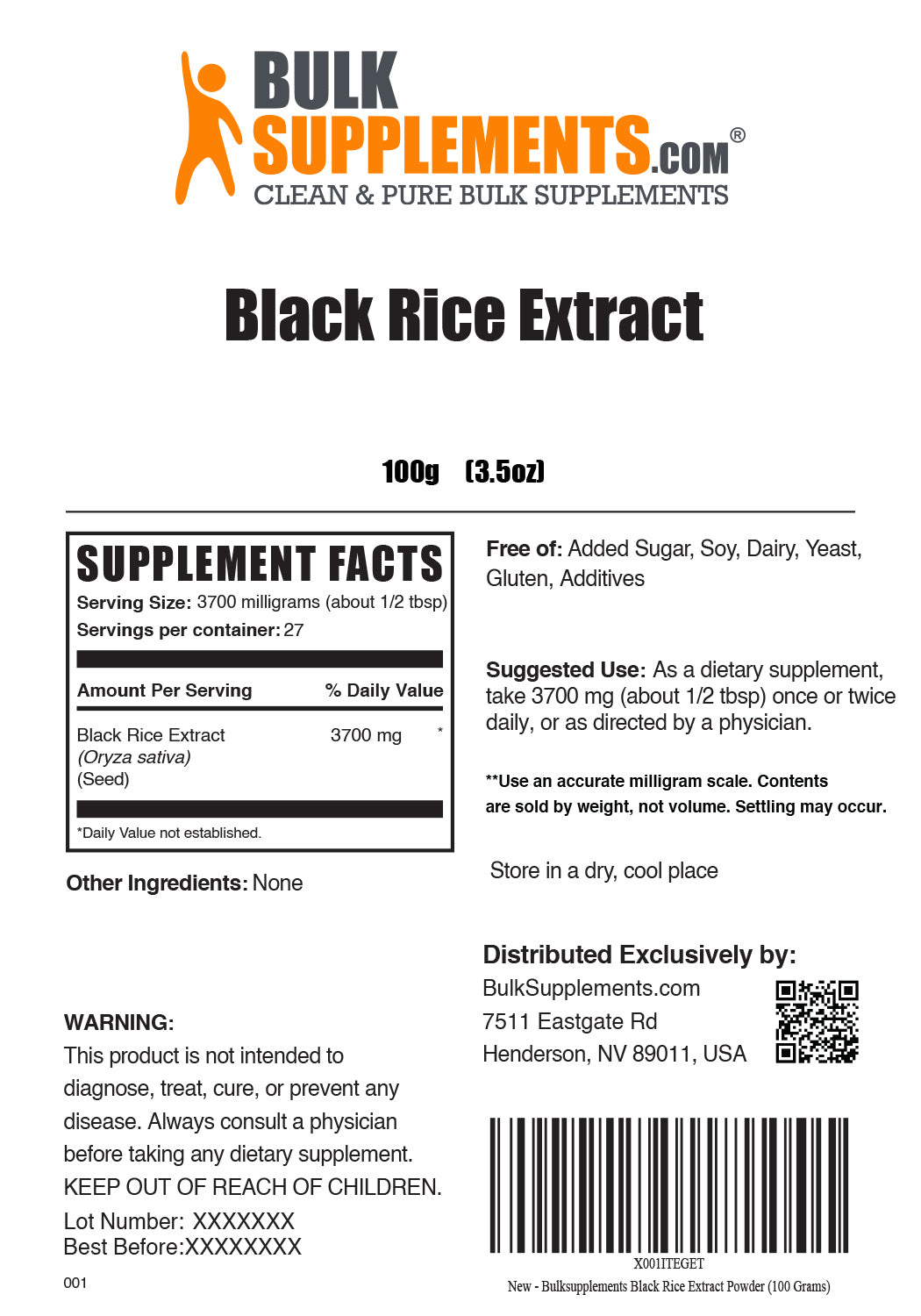 Supplement Facts Black Rice Extract Powder 100 grams